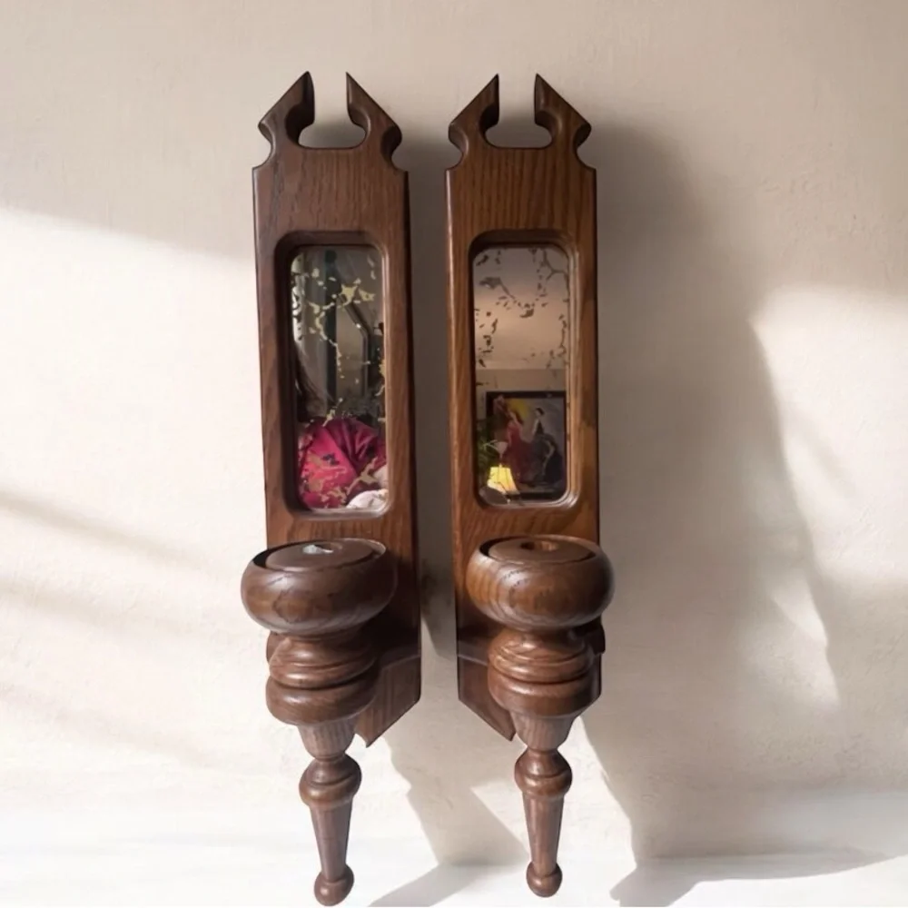 Vintage Wooden Wall Candle Holders with mirrors set of 2